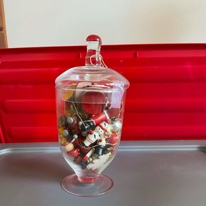 Glass vase with miniature Christmas ornaments- Holiday